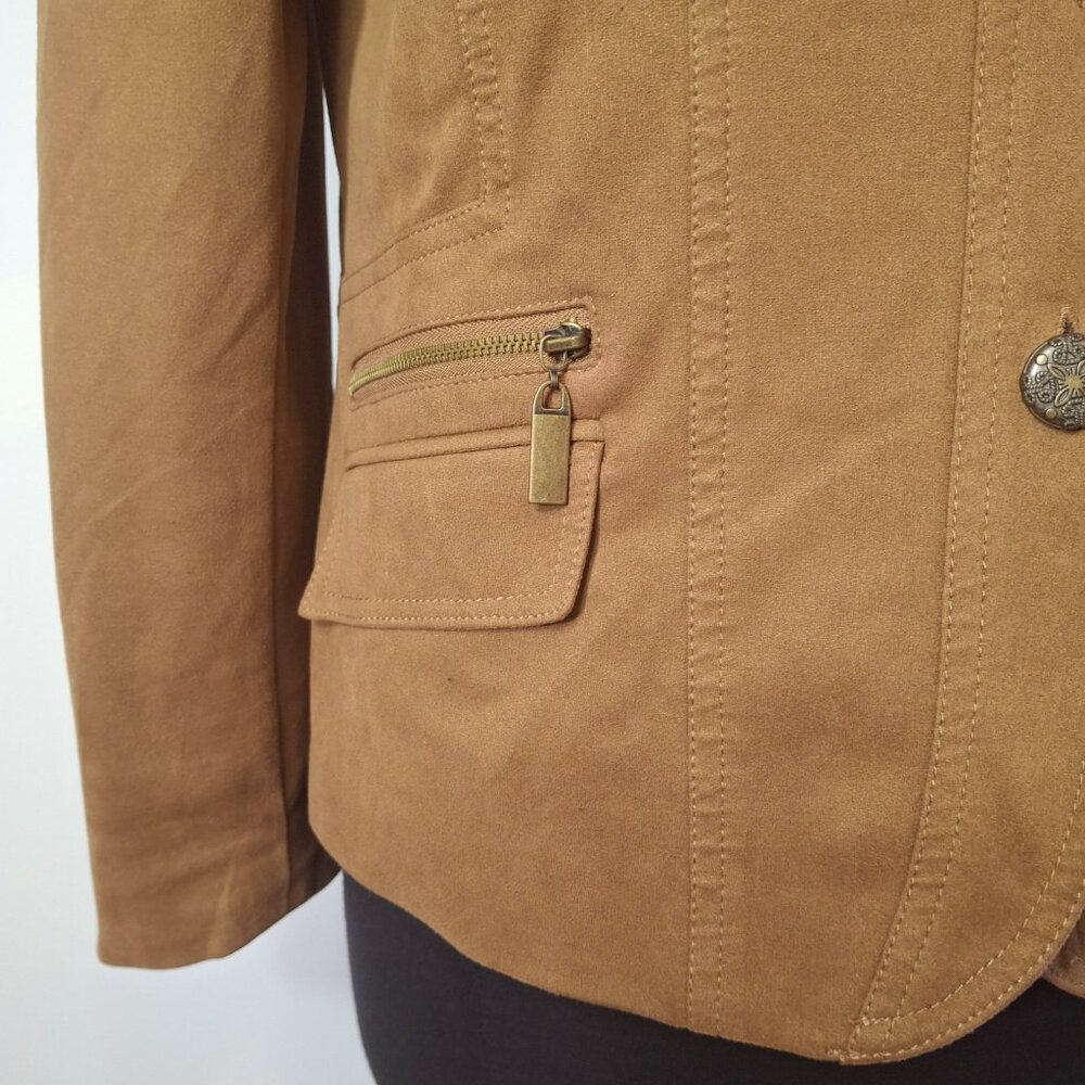 Conrad C Proportion Petite Womens Faux Suede Blazer Jacket Sz 12 Brown Coat Y2K - Picture 12 of 16